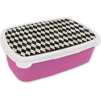 MuchoWow Broodtrommel Roze - Lunchbox Klassiek - Patroon - Zwart - Brooddoos 18x12x6 cm - Brood lunch box - Broodtrommels voor kinderen en volwassenen