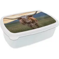 MuchoWow Broodtrommel Wit - Lunchbox Longhorn - Landschap - Zonsondergang - Brooddoos 18x12x6 cm - Brood lunch box - Broodtrommels voor kinderen en volwassenen