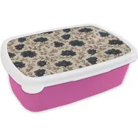 MuchoWow Broodtrommel Roze - Lunchbox Motief - Bloemen - Zwart - Beige - Brooddoos 18x12x6 cm - Brood lunch box - Broodtrommels voor kinderen en volwassenen