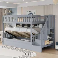 Sweiko houten bed, 90x200 cm, met hydraulisch verstelbaar onderbed, opbergruimte onder het bed, traptje, planken, hoogslaper, stapelbed, kinderbed, grijs