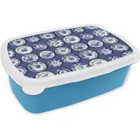 MuchoWow Broodtrommel Blauw - Lunchbox Borden - Floraal - Blauw - Brooddoos 18x12x6 cm - Brood lunch box - Broodtrommels voor kinderen en volwassenen