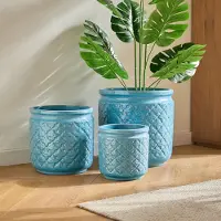 OKWISH Bloempot – Met Afwateringsgat – Keramiek – Antiekblauw – Voor Binnen En Buiten – Weerbestendig Design