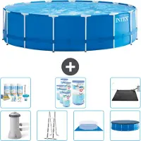 Intex Ronde opblaasbare zwembad – 457 x 122 cm – Blauw – Inclusief pomp – Ladder – Bodemzeil – Afdekking. Onderhoudspakket: filter, zonnepaneel