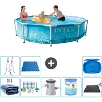 Intex Rond Frame Zwembad - 305 x 76 cm - Waterprint - Inclusief Solarzeil - Onderhoudspakket - Zwembadfilterpomp - Filter - Solar Mat - Ladder - Voetenbad - Vloertegels - 9-delig