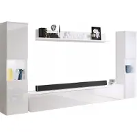 MINIO go for it Moderne Woonkamer Wandmeubelset – 4-delig – TV-Meubel 180 cm, 2 Vitrinekasten & Wandplank – Hangend of Staand – Wit Hoogglans & Wit Mat