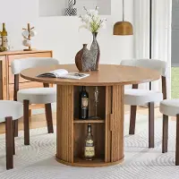 MODFU - Ronde Eettafel - Dubbele Opbergruimte - Landelijke Stijl - Keuken En Woonkamer - MDF - Walnoot - 120 Cm