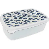 MuchoWow Broodtrommel Wit - Lunchbox Vissen - Patroon - Blauw - Wit - Brooddoos 18x12x6 cm - Brood lunch box - Broodtrommels voor kinderen en volwassenen