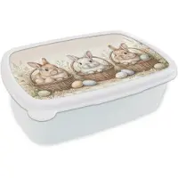 MuchoWow Broodtrommel Wit - Lunchbox Konijnen - Eieren - Bloemen - Beige - Brooddoos 18x12x6 cm - Brood lunch box - Broodtrommels voor kinderen en volwassenen