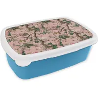 MuchoWow Broodtrommel Blauw - Lunchbox Pioenrozen - Botanisch - Vogel - Brooddoos 18x12x6 cm - Brood lunch box - Broodtrommels voor kinderen en volwassenen