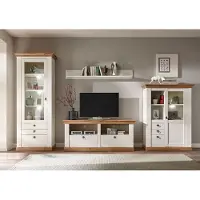 IMV Woonkamerwand, landhuisstijl, 336 cm, grenen, wit / eikenhout "Wotan", wandmeubel, hoge kast