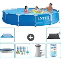 Intex Rond Frame Zwembad - 366 x 76 cm - Blauw - Inclusief Afdekzeil - Onderhoudspakket - Zwembadfilterpomp - Filter - Grondzeil - Solar Mat