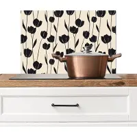 KitchenYeah Spatscherm keuken 60x40 cm - Kookplaat achterwand Tulpen - Patroon - Zwart - Muurbeschermer - Spatwand fornuis - Hoogwaardig aluminium