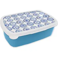 MuchoWow Broodtrommel Blauw - Lunchbox Borden - Bloemen - Patroon - Blauw - Brooddoos 18x12x6 cm - Brood lunch box - Broodtrommels voor kinderen en volwassenen