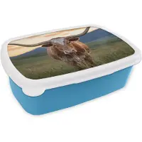 MuchoWow Broodtrommel Blauw - Lunchbox Longhorn - Landschap - Zonsondergang - Brooddoos 18x12x6 cm - Brood lunch box - Broodtrommels voor kinderen en volwassenen