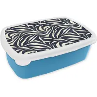 MuchoWow Broodtrommel Blauw - Lunchbox Bladvormen - Blauw - Patroon - Wit - Brooddoos 18x12x6 cm - Brood lunch box - Broodtrommels voor kinderen en volwassenen