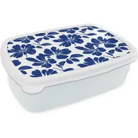 MuchoWow Broodtrommel Wit - Lunchbox Floraal - Modern - Blauw - Brooddoos 18x12x6 cm - Brood lunch box - Broodtrommels voor kinderen en volwassenen
