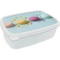 MuchoWow Broodtrommel Wit - Lunchbox Macarons - Kleurrijk - Pastel - Brooddoos 18x12x6 cm - Brood lunch box - Broodtrommels voor kinderen en volwassenen