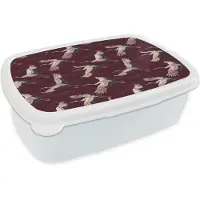 MuchoWow Broodtrommel Wit - Lunchbox Kraanvogels - Klassiek - Bordeaux - Brooddoos 18x12x6 cm - Brood lunch box - Broodtrommels voor kinderen en volwassenen