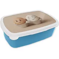 MuchoWow Broodtrommel Blauw - Lunchbox Eieren - Gezichten - Eierdoosje - Zandkleur - Brooddoos 18x12x6 cm - Brood lunch box - Broodtrommels voor kinderen en volwassenen