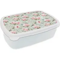 MuchoWow Broodtrommel Wit - Lunchbox Rozen - Vogels - Pastel - Kleurrijk - Brooddoos 18x12x6 cm - Brood lunch box - Broodtrommels voor kinderen en volwassenen