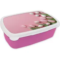 MuchoWow Broodtrommel Roze - Lunchbox Tulpen - Eieren - Roze - Brooddoos 18x12x6 cm - Brood lunch box - Broodtrommels voor kinderen en volwassenen