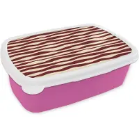 MuchoWow Broodtrommel Roze - Lunchbox Golven - Rood - Patroon - Crème - Brooddoos 18x12x6 cm - Brood lunch box - Broodtrommels voor kinderen en volwassenen