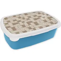 MuchoWow Broodtrommel Blauw - Lunchbox Blok - Patroon - Bruin - Brooddoos 18x12x6 cm - Brood lunch box - Broodtrommels voor kinderen en volwassenen