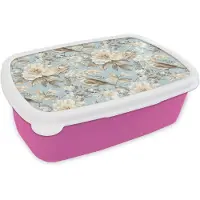 MuchoWow Broodtrommel Roze - Lunchbox Botanisch - Zangvogel - Blauw - Brooddoos 18x12x6 cm - Brood lunch box - Broodtrommels voor kinderen en volwassenen