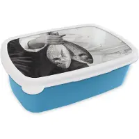 MuchoWow Broodtrommel Blauw - Lunchbox Vissen - Chef - Zwart - Wit - Brooddoos 18x12x6 cm - Brood lunch box - Broodtrommels voor kinderen en volwassenen