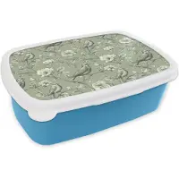 MuchoWow Broodtrommel Blauw - Lunchbox Klassiek - Botanisch - Groen - Brooddoos 18x12x6 cm - Brood lunch box - Broodtrommels voor kinderen en volwassenen
