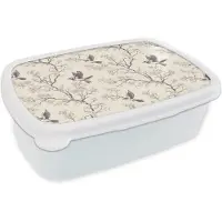 MuchoWow Broodtrommel Wit - Lunchbox Takken - Vogels - Beige - Brooddoos 18x12x6 cm - Brood lunch box - Broodtrommels voor kinderen en volwassenen