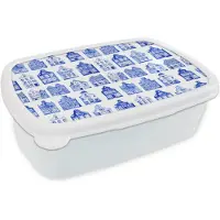 MuchoWow Broodtrommel Wit - Lunchbox Patroon - Huizen - Blauw - Brooddoos 18x12x6 cm - Brood lunch box - Broodtrommels voor kinderen en volwassenen