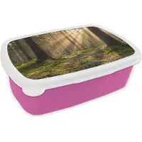 MuchoWow Broodtrommel Roze - Lunchbox Bos - Zonlicht - Gras - Brooddoos 18x12x6 cm - Brood lunch box - Broodtrommels voor kinderen en volwassenen