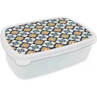 MuchoWow Broodtrommel Wit - Lunchbox Klassiek - Geometrisch - Blauw - Brooddoos 18x12x6 cm - Brood lunch box - Broodtrommels voor kinderen en volwassenen
