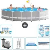 Intex Ronde zwembad met prismaramen – 610 x 132 cm – Grijs – Inclusief pomp, ladder, bodemzeil, afdekking, onderhoudspakket en filter