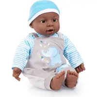 Bayer 94001AH Functionele pop, interactieve jongenspop, jongen, 12 kindersounds, 40 cm, donkere huidskleur, met ringetjes, zachte body
