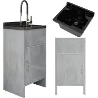Granitan Gootsteen Loma voor Wasruimte Garage met PVC Kast - Wasbak Kraan en Sifon - 77x41x34cm - Zwart