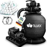 Tillvex Zandfiltersysteem 7.900L/h + 400g Filterkogels | Zandfilterinstallatie filterinstallatie 7-weg ventiel & Adapter Ø32-38mm | Zwembadfilter met drukweergave | Zandfilter zwembad (Zwart)