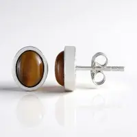 Cavill - Zilveren Oorbellen Tijgeroog 2,718 ct - 925 Sterling Zilver Gerhodineerd - Ovale Cabochon 8x6 mm - Elegante Tijdloze Oorknopjes