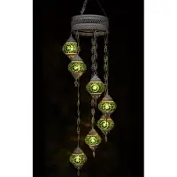 Halay Hanglamp van groen en wit glas met een oosters mozaiekpatroon, met 7 glazen kappen, handgemaakt in Turkije, crèmekleurig