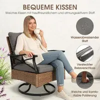 Laura 3-delige Rotan Tuinset met Draaistoelen en Tafel – 360° Draaibare Loungeset 64 x 58 x 82 cm – Inclusief Kussens en Glazen Tafel met Opbergruimte – Weerbestendig Staal Frame – Grijs –