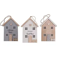 UNUS Houten wandhanger huisjes met jute koord set van 3