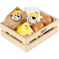 Tidlo houten kratje met zuivel kaas boter eieren en melk