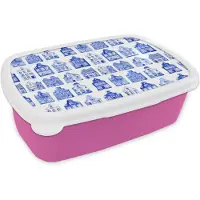 MuchoWow Broodtrommel Roze - Lunchbox Patroon - Huizen - Blauw - Brooddoos 18x12x6 cm - Brood lunch box - Broodtrommels voor kinderen en volwassenen