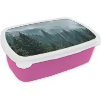 MuchoWow Broodtrommel Roze - Lunchbox Naaldwoud - Bergen - Mist - Brooddoos 18x12x6 cm - Brood lunch box - Broodtrommels voor kinderen en volwassenen