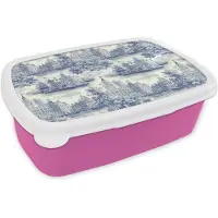 MuchoWow Broodtrommel Roze - Lunchbox Huizen - Bomen - Water - Vogels - Blauw - Brooddoos 18x12x6 cm - Brood lunch box - Broodtrommels voor kinderen en volwassenen