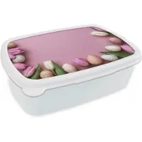 MuchoWow Broodtrommel Wit - Lunchbox Tulpen - Eieren - Roze - Brooddoos 18x12x6 cm - Brood lunch box - Broodtrommels voor kinderen en volwassenen