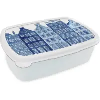MuchoWow Broodtrommel Wit - Lunchbox Aquarel - Grachtenpanden - Delfts - Blauw - Brooddoos 18x12x6 cm - Brood lunch box - Broodtrommels voor kinderen en volwassenen