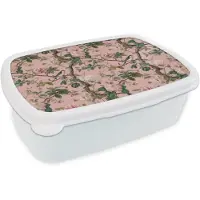 MuchoWow Broodtrommel Wit - Lunchbox Pioenrozen - Botanisch - Vogel - Brooddoos 18x12x6 cm - Brood lunch box - Broodtrommels voor kinderen en volwassenen