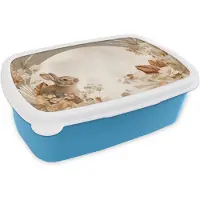 MuchoWow Broodtrommel Blauw - Lunchbox Konijn - Bruin - Bloemen - Cirkel - Brooddoos 18x12x6 cm - Brood lunch box - Broodtrommels voor kinderen en volwassenen